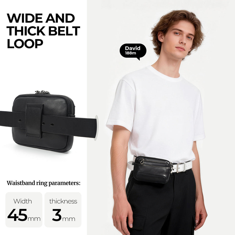 Men's Genuine Leather Waist Bag Double Zipper Phone Pouch