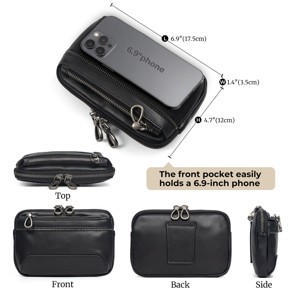 Men's Genuine Leather Waist Bag Double Zipper Phone Pouch