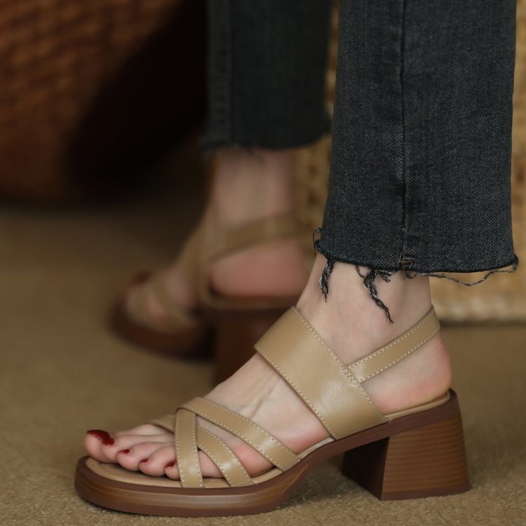 Women's Vintage Cross Strap Open Toe Block Heel Sandals