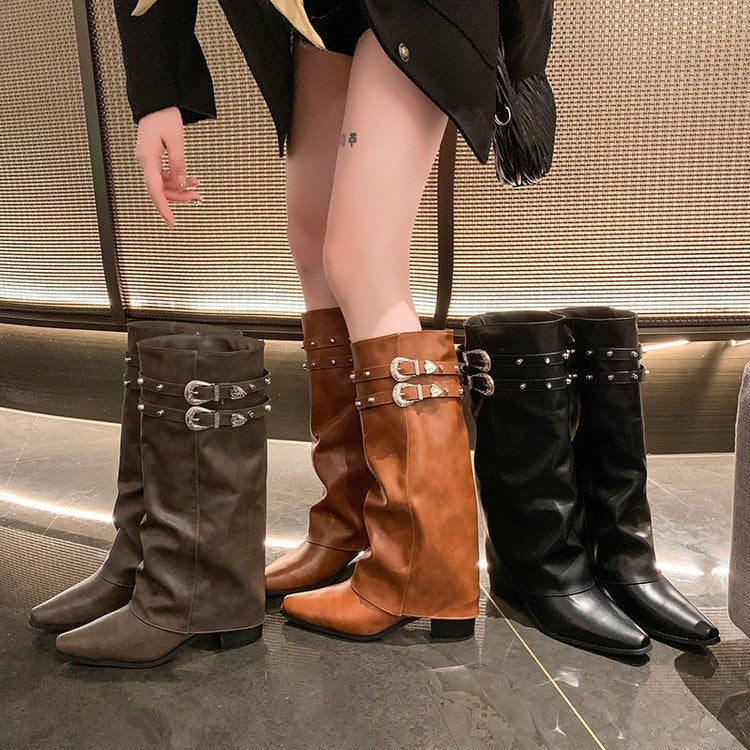 Women's Retro Rivet Knee High Boots Pointed Heel Boots