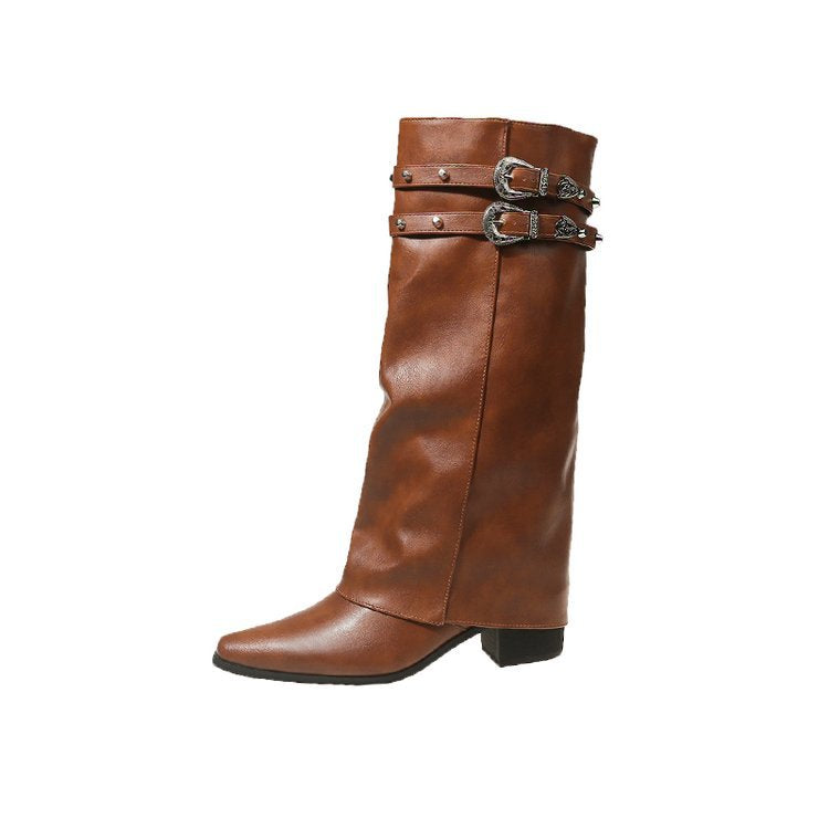 Women's Retro Rivet Knee High Boots Pointed Heel Boots