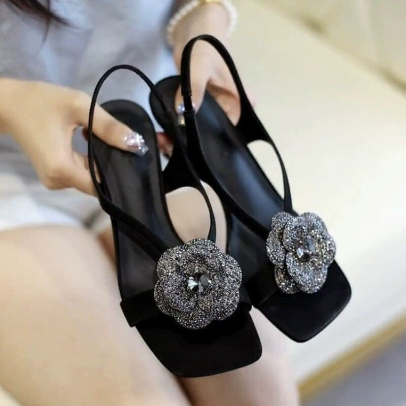 Women's Korean Style Floral Square Toe High Heel Sandals