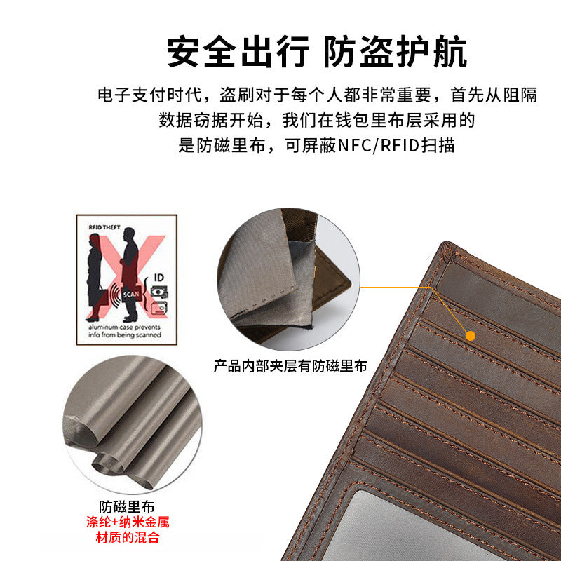 Crazy Horse Leather Men's RFID Multi-Card Passbook Wallet Bag