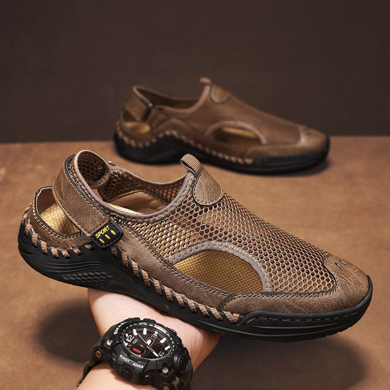 Mens Leather Mesh Toe Sandals Outdoor Hiking Non-Slip Beach Shoes