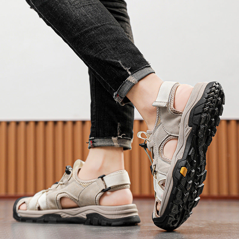 Men's Pigskin Leather Baotou Sandals Outdoor Beach Casual Shoes