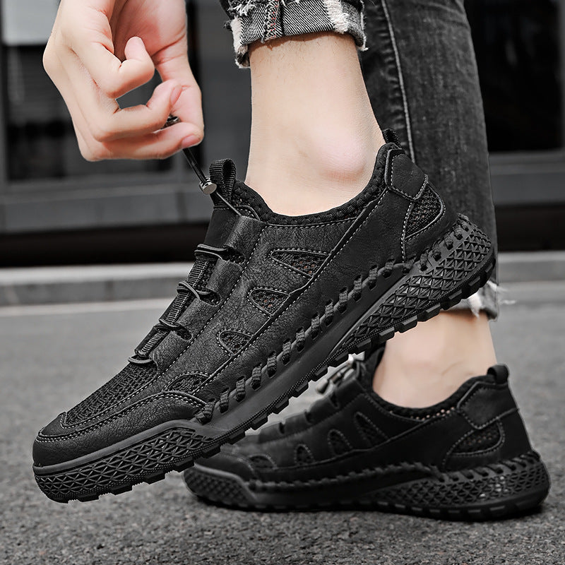 Men's Mesh Leather Breathable Sneakers Lightweight Running Shoes
