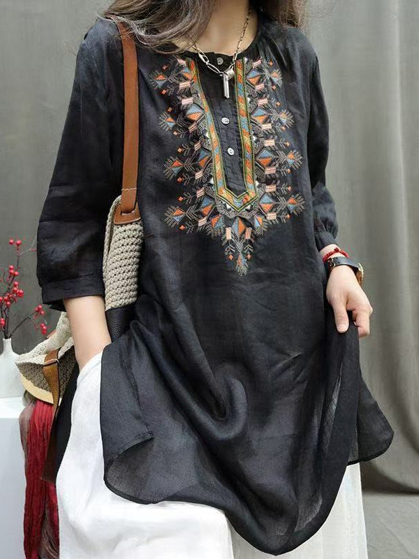 Women's Retro Embroidered Cotton Linen Mid-Length Shirt Top