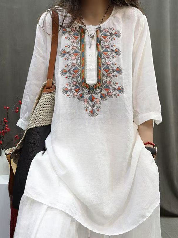 Women's Retro Embroidered Cotton Linen Mid-Length Shirt Top