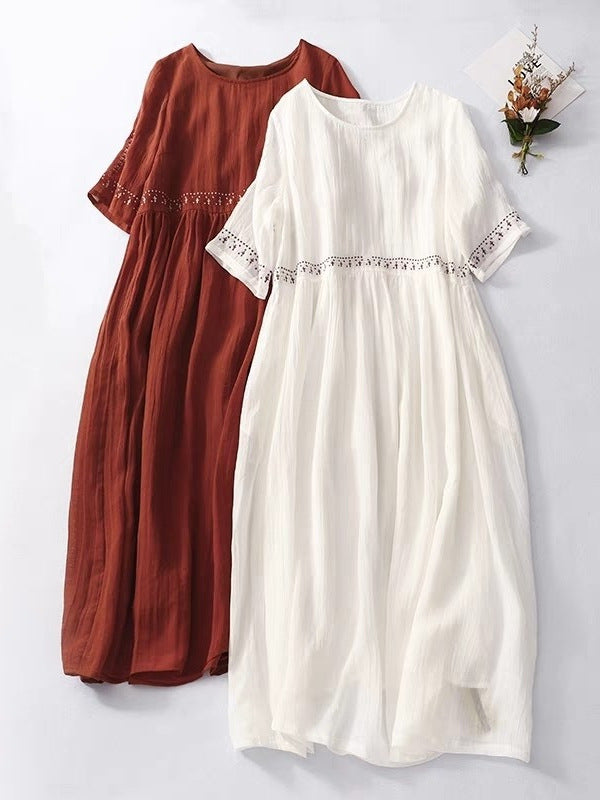 Women's Plus Size Retro Embroidered Cotton Linen Swing Dress