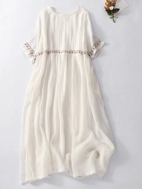 Women's Plus Size Retro Embroidered Cotton Linen Swing Dress