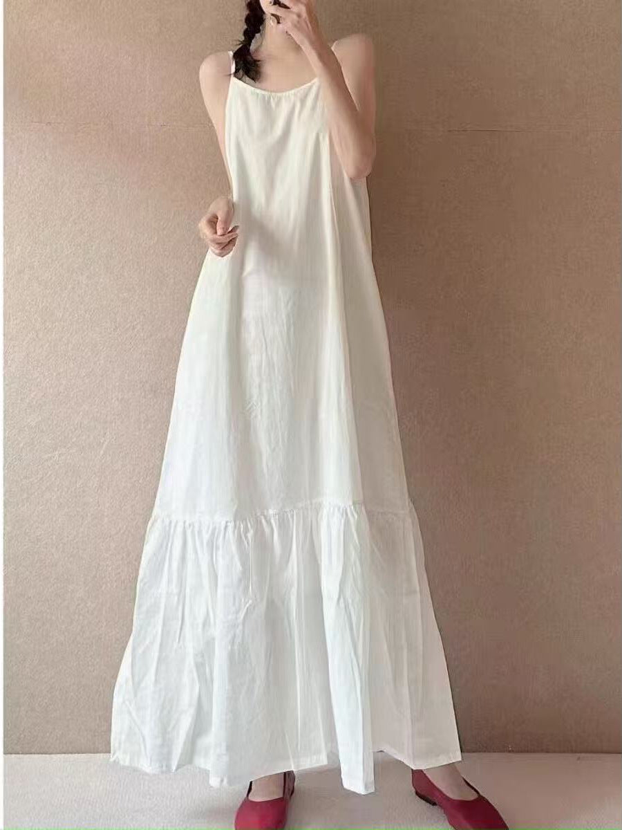 Women's Cotton Linen Minimalist White Suspender Maxi Dress