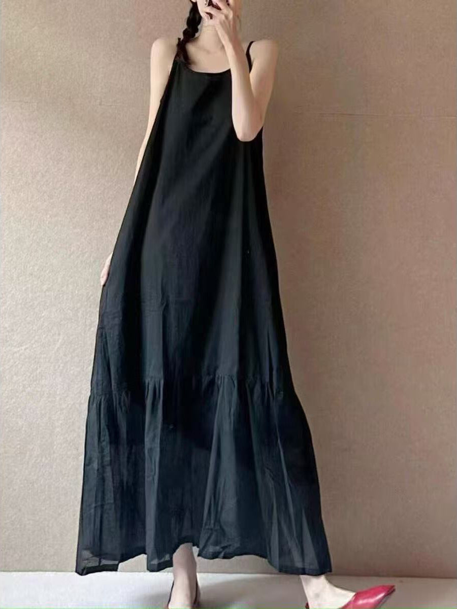 Women's Cotton Linen Minimalist White Suspender Maxi Dress