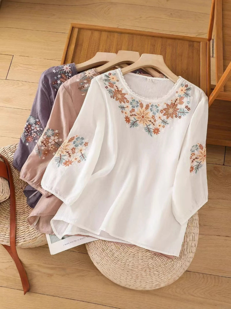 Women's Cotton Linen Embroidered Three-Quarter Sleeve Top