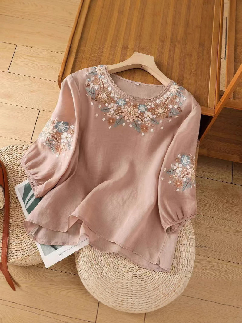 Women's Cotton Linen Embroidered Three-Quarter Sleeve Top
