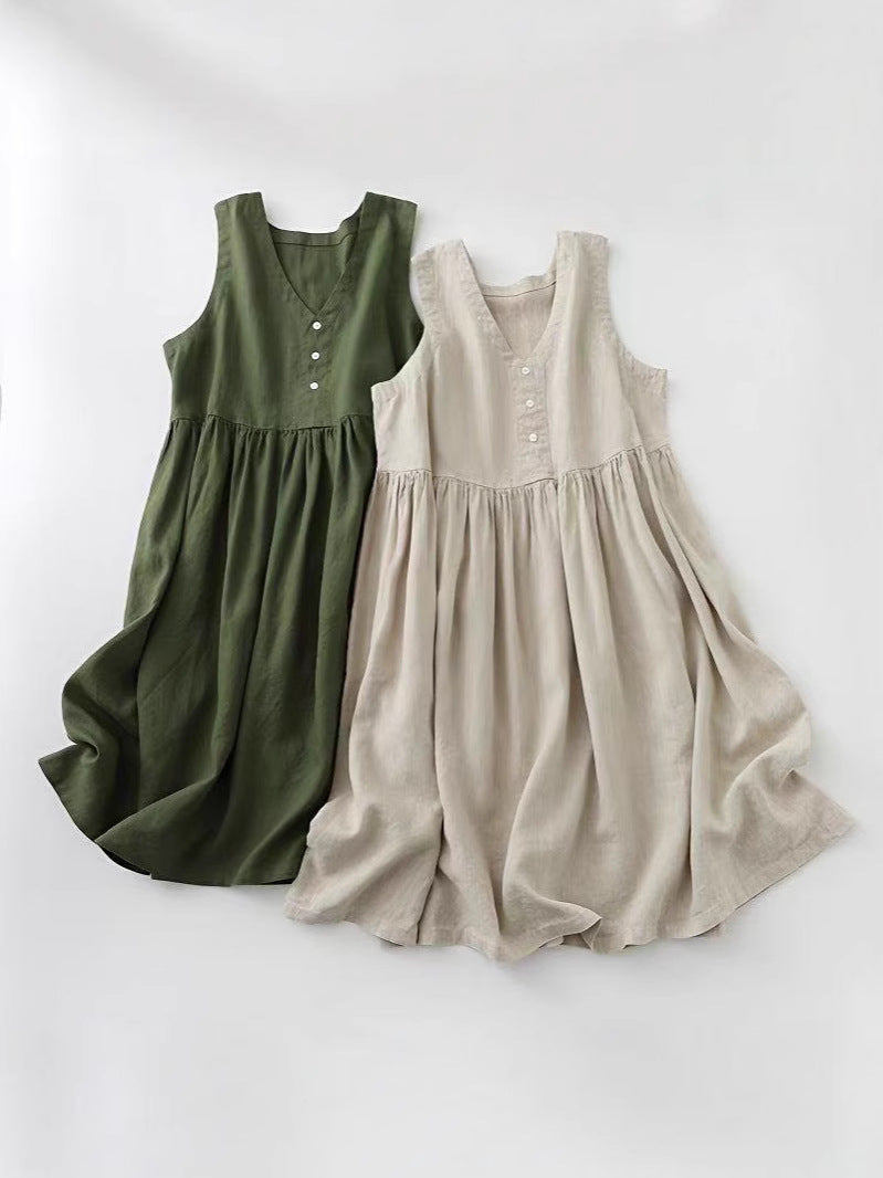 Women's Japanese Style Cotton Linen Sleeveless Vest Dress