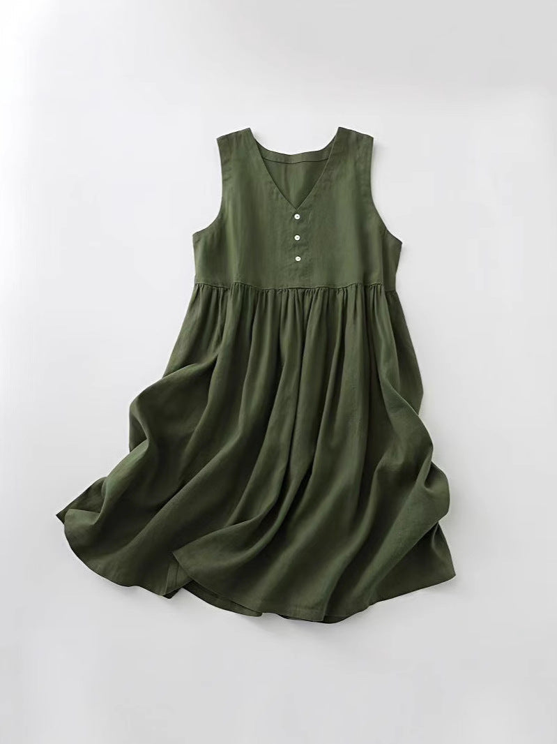 Women's Japanese Style Cotton Linen Sleeveless Vest Dress