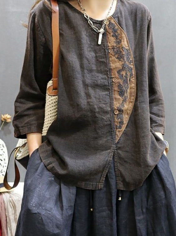 Women's Cotton Linen Embroidered Contrast Color Retro Top