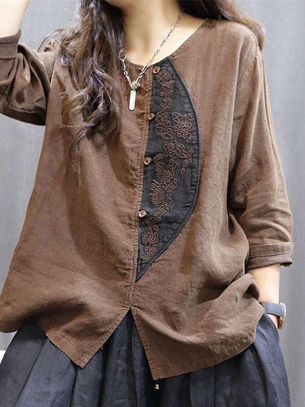 Women's Cotton Linen Embroidered Contrast Color Retro Top
