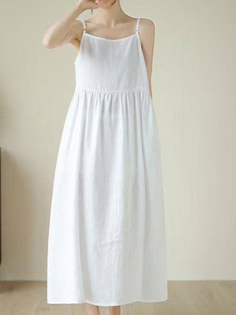 Women's Cotton Linen Loose Suspender Maxi Dress