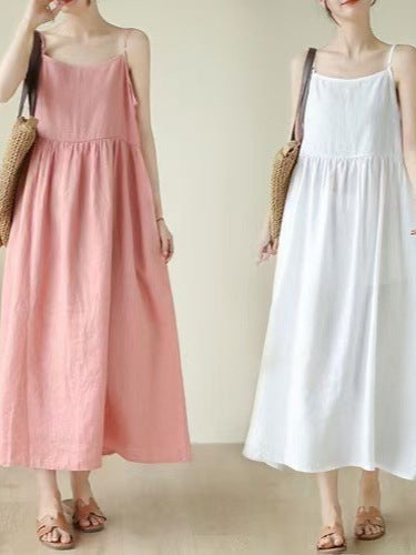 Women's Cotton Linen Loose Suspender Maxi Dress
