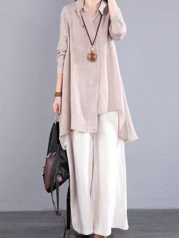 Women's Cotton Linen Irregular Hem Long Sleeve Shirt