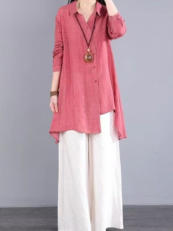 Women's Cotton Linen Irregular Hem Long Sleeve Shirt