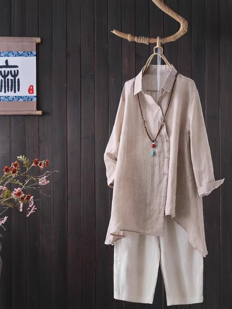 Women Cotton Linen Irregular Hem Sun Protection Shirt