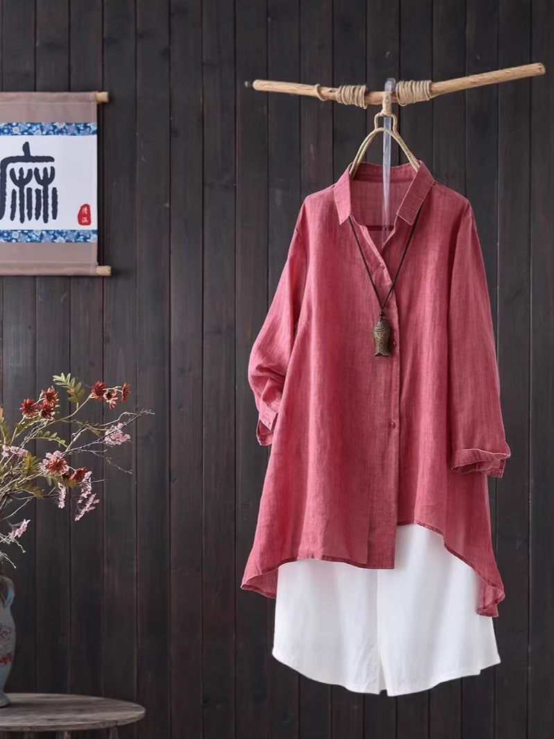 Women Cotton Linen Irregular Hem Sun Protection Shirt