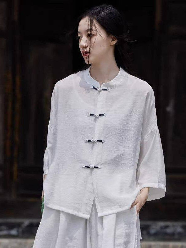 Women Cotton Linen Buttoned Sun Protection Summer Shirt