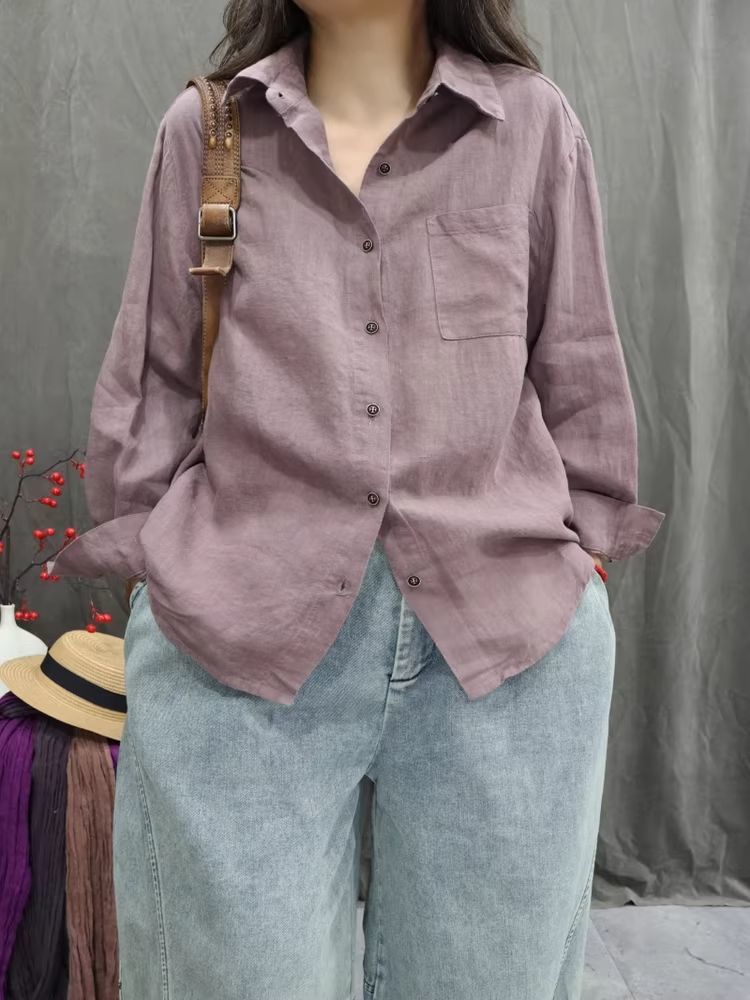 Women Cotton Linen Washed Vintage Long Sleeve Casual Shirt