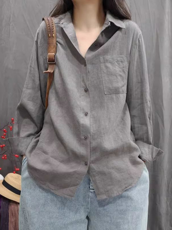 Women Cotton Linen Washed Vintage Long Sleeve Casual Shirt
