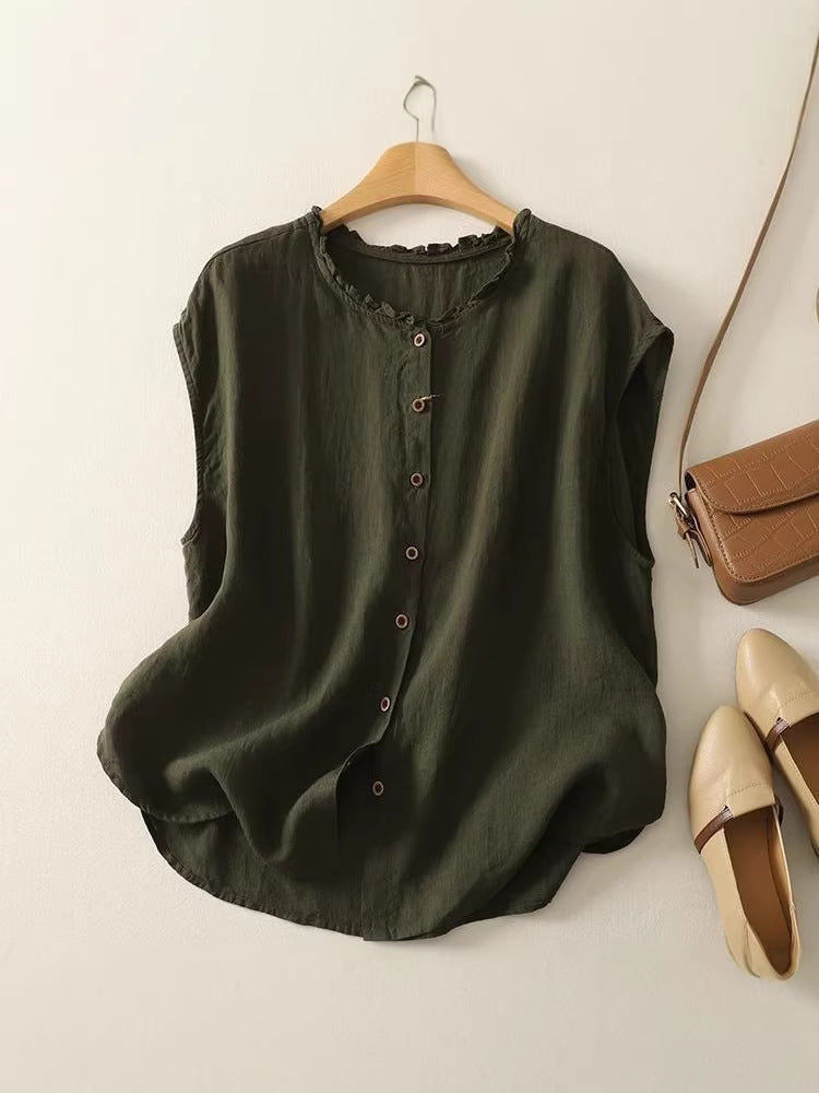 STOCK-Women Cotton Linen Lace Collar Sleeveless Cardigan Top