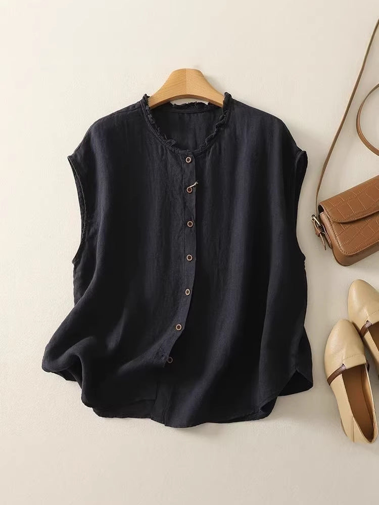 STOCK-Women Cotton Linen Lace Collar Sleeveless Cardigan Top