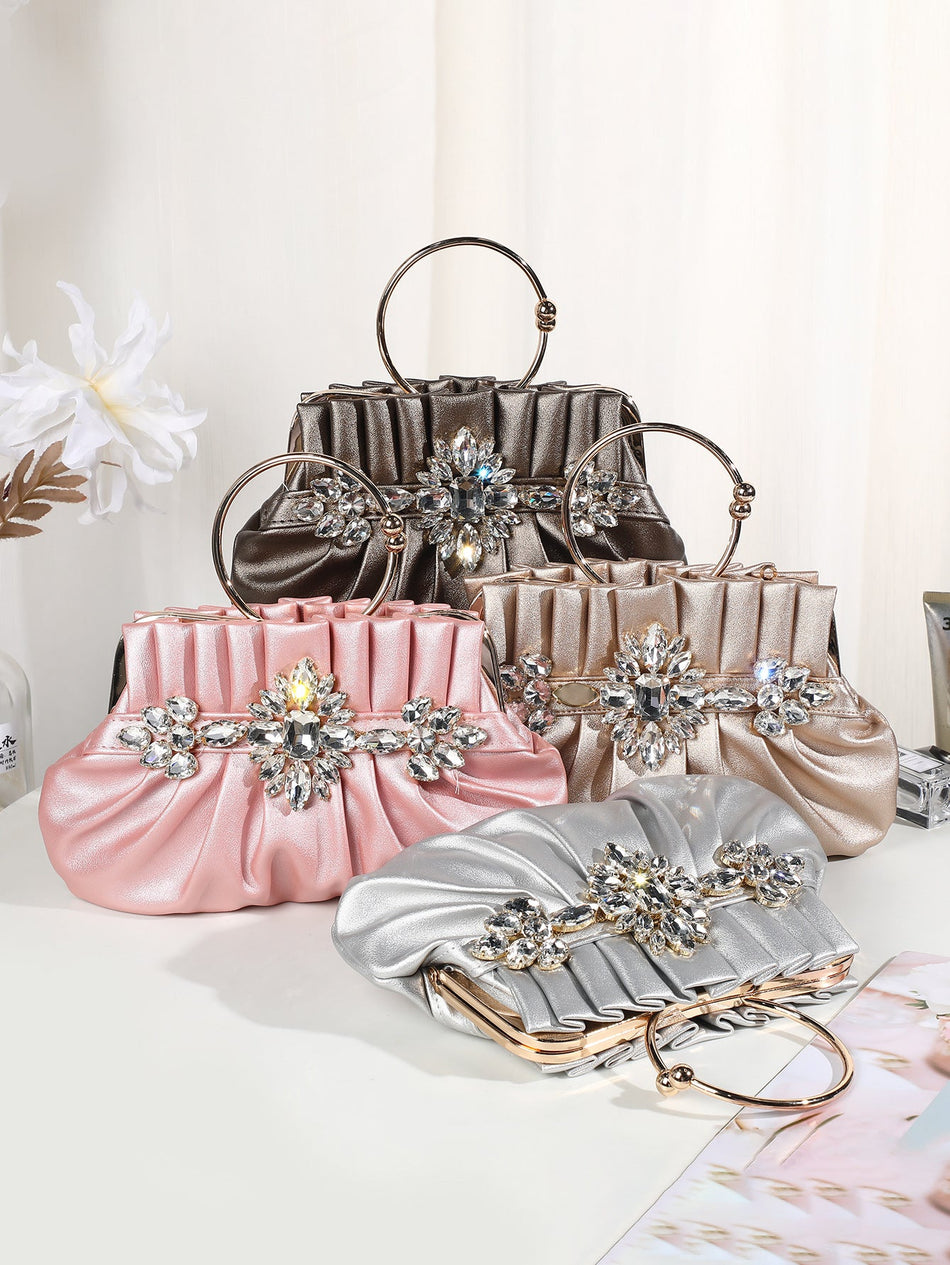 Diamond Pleated Ring Handle Evening Lipstick Clutch Bag