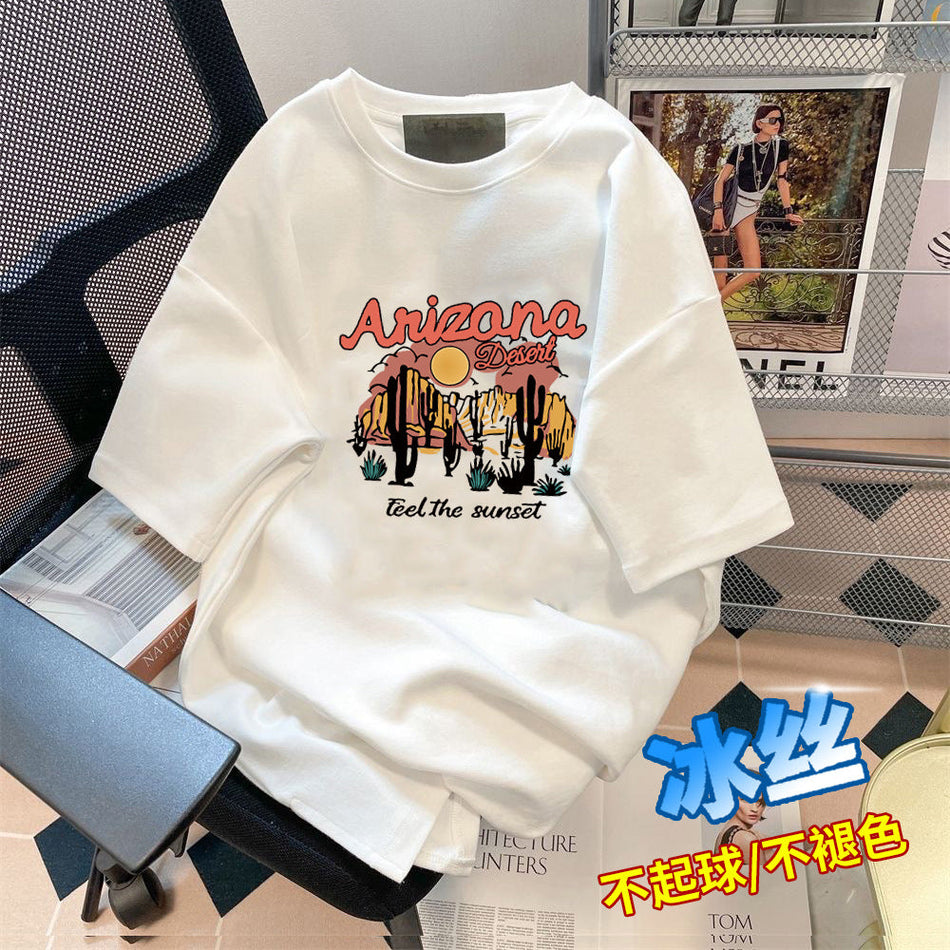 Unisex Ice Silk Printed Crew Neck T-Shirt Casual Loose Fit Tee