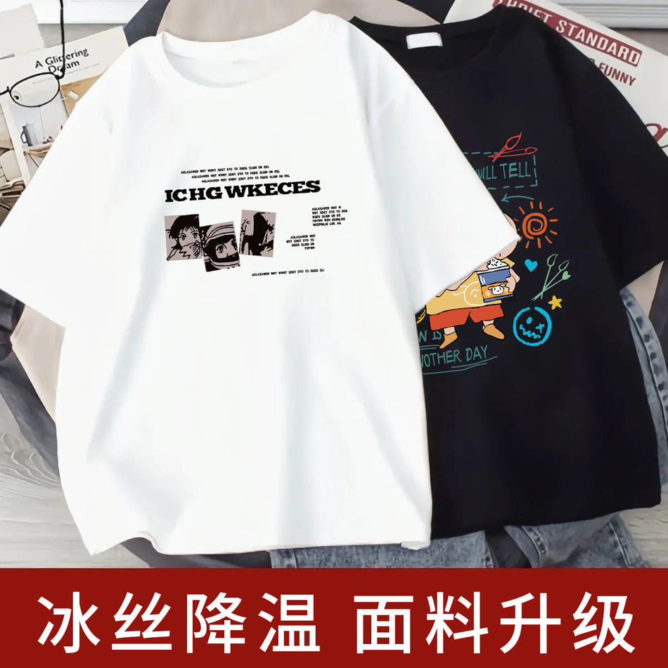 Unisex Anime Print Ice Silk Crew Neck T-Shirt Casual Summer Tee