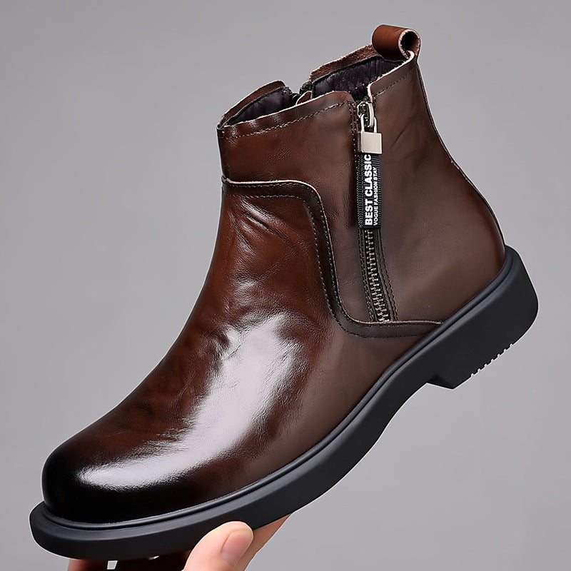 Men's Cowhide Leather Fleece-Lined High-Top Martin Boots