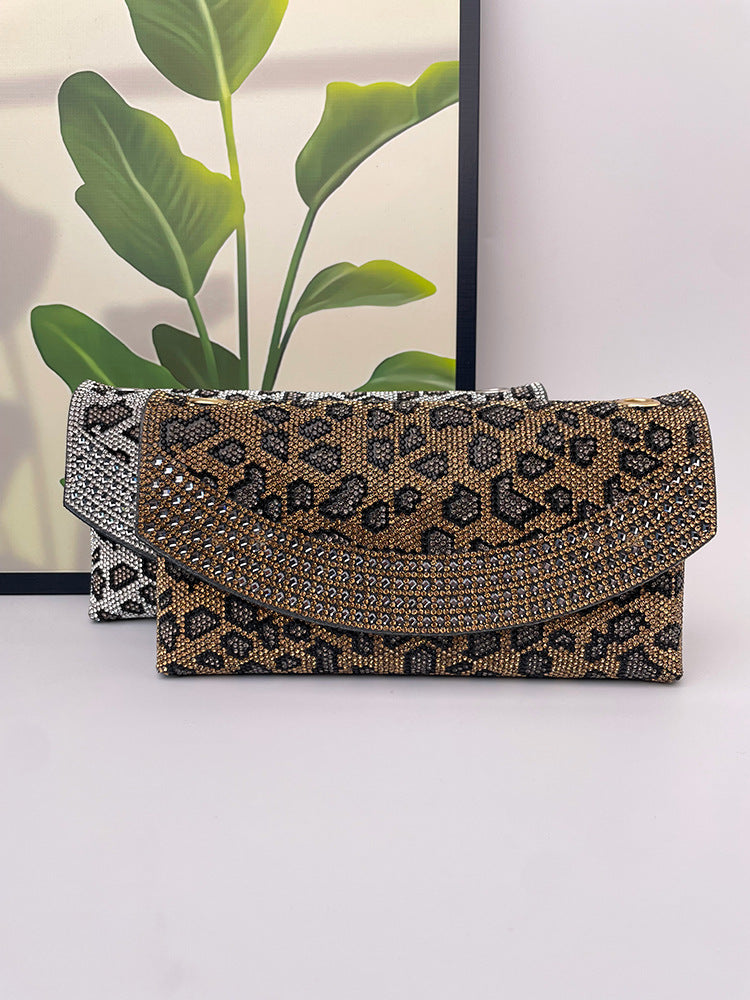 Leopard Print Diamond Evening Clutch Crossbody Bag