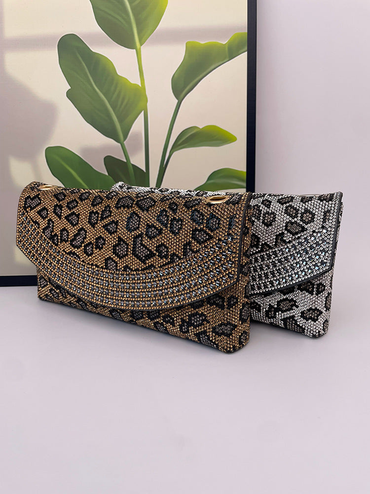 Leopard Print Diamond Evening Clutch Crossbody Bag