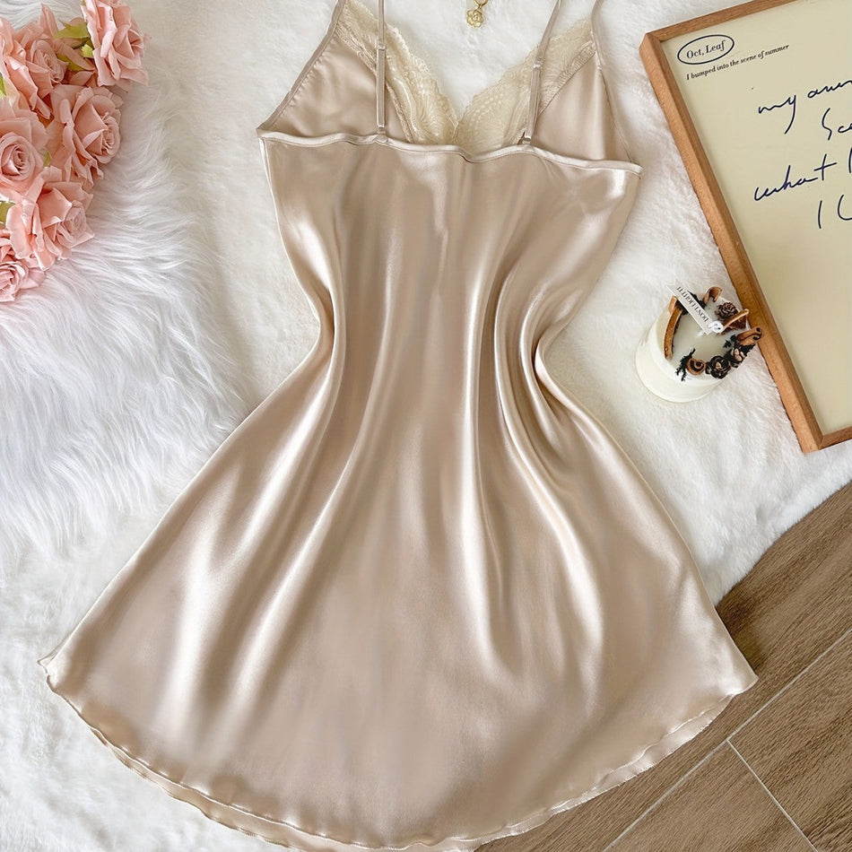 Lace Suspender Ice Silk Women's Nightgown Homewear Set