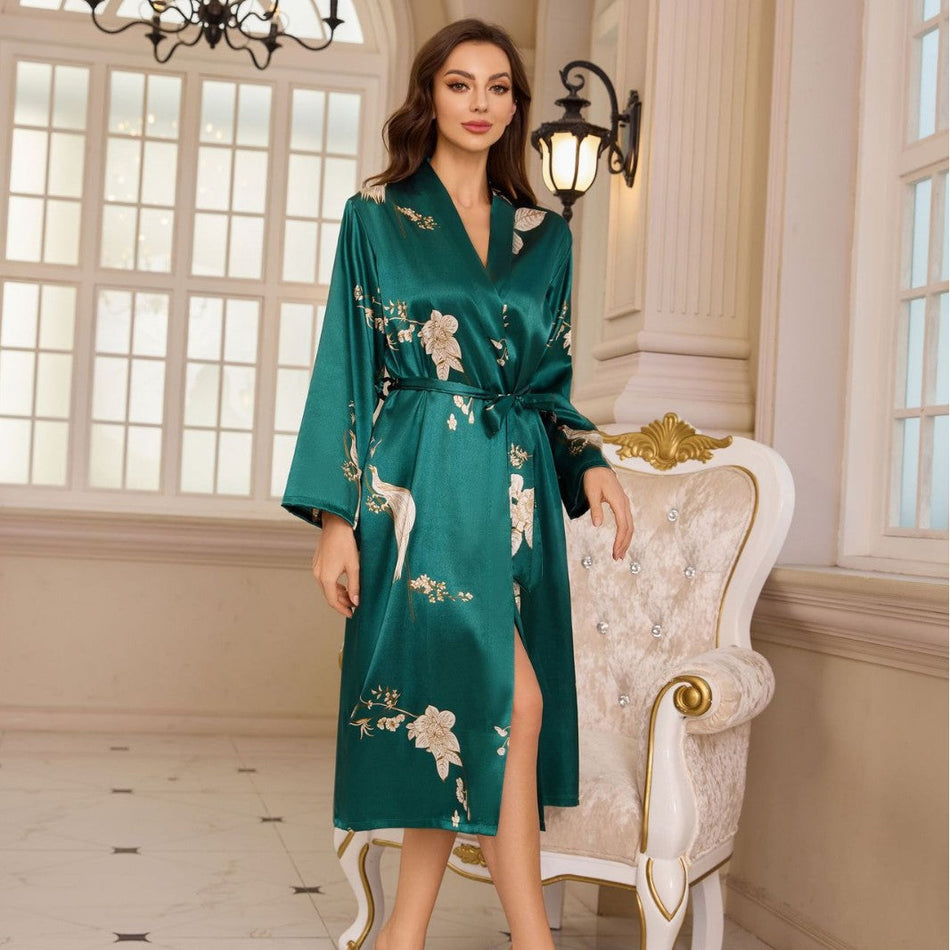 Ice Silk Lace-Up Women's Bathrobe Nightgown Set