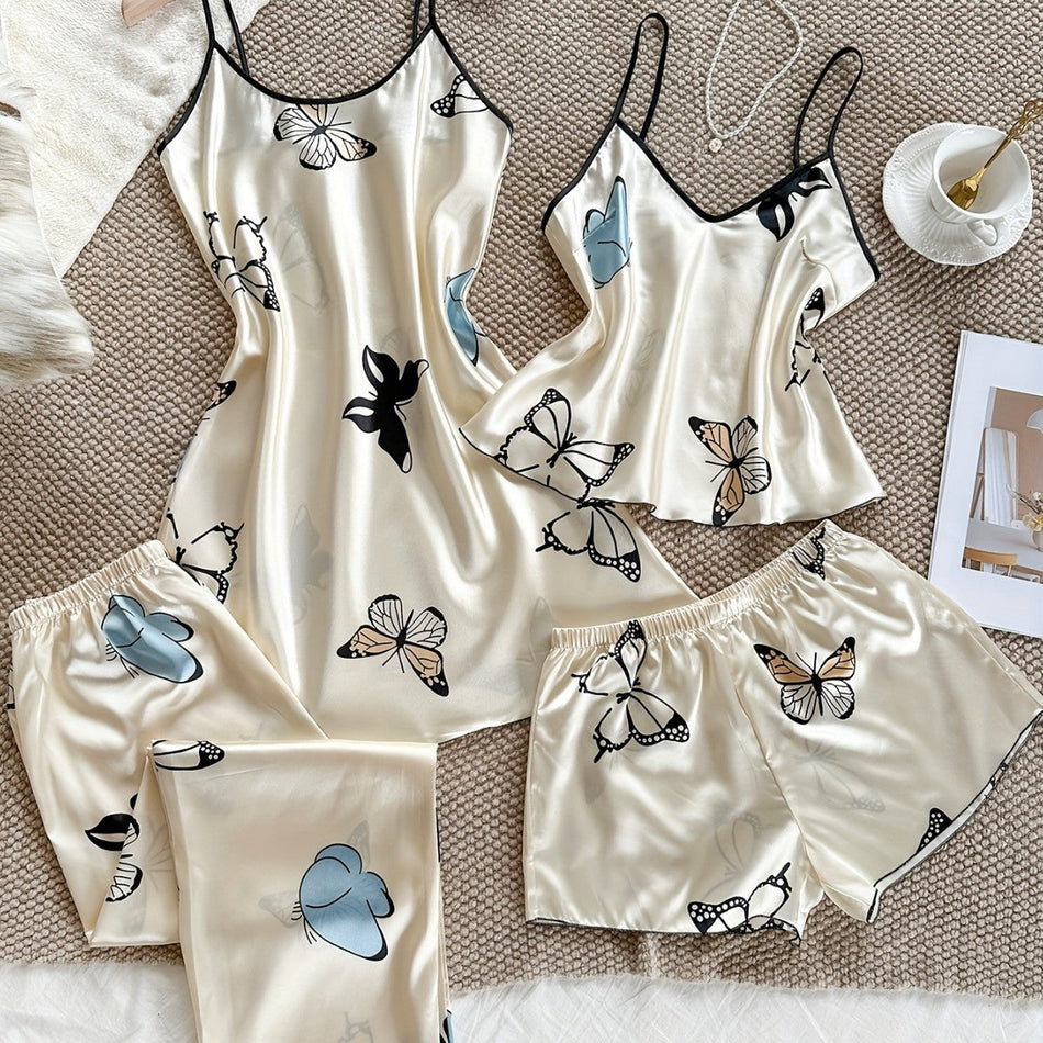 Women's Butterfly Print Faux Silk Pajama Four Piece Lounge Set