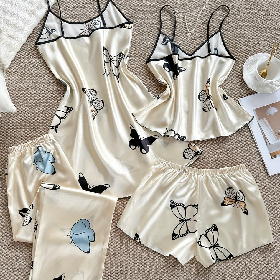 Women's Butterfly Print Faux Silk Pajama Four Piece Lounge Set