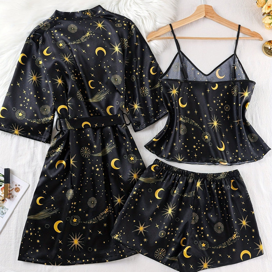 Star Moon Ice Silk Women's Pajama Camisole Shorts Set
