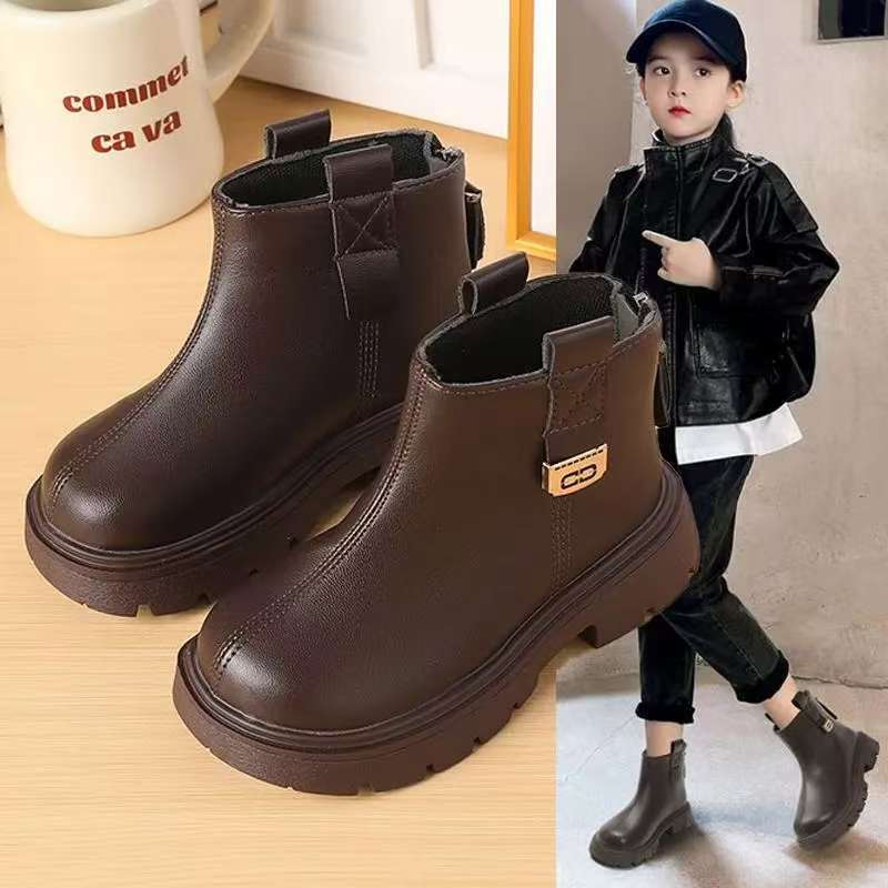 Girls Fleece Lined Martin Boots Short Leather Winter Boots