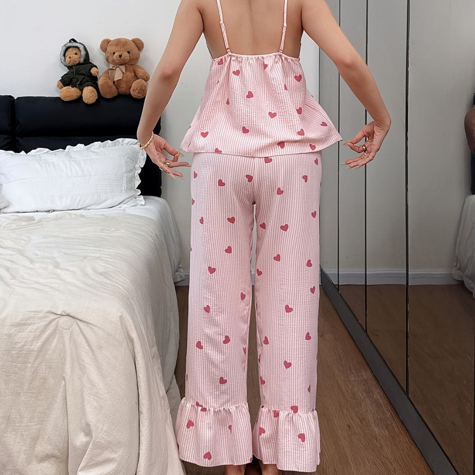 Bubble Gauze Heart Stripe Pajama Set Women Loungewear