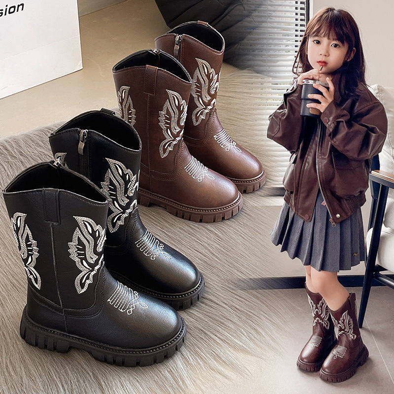 Girls Western Cowboy Embroidered Mid Calf Martin Boots