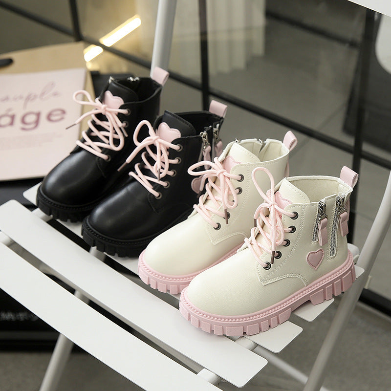 Girls Side Zipper Leather Boots Heart Princess Style Short Boots