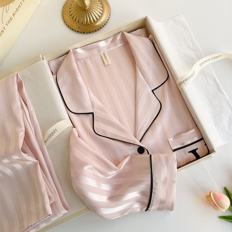 Striped Ice Silk Pajama Set Women Long Sleeve Loungewear