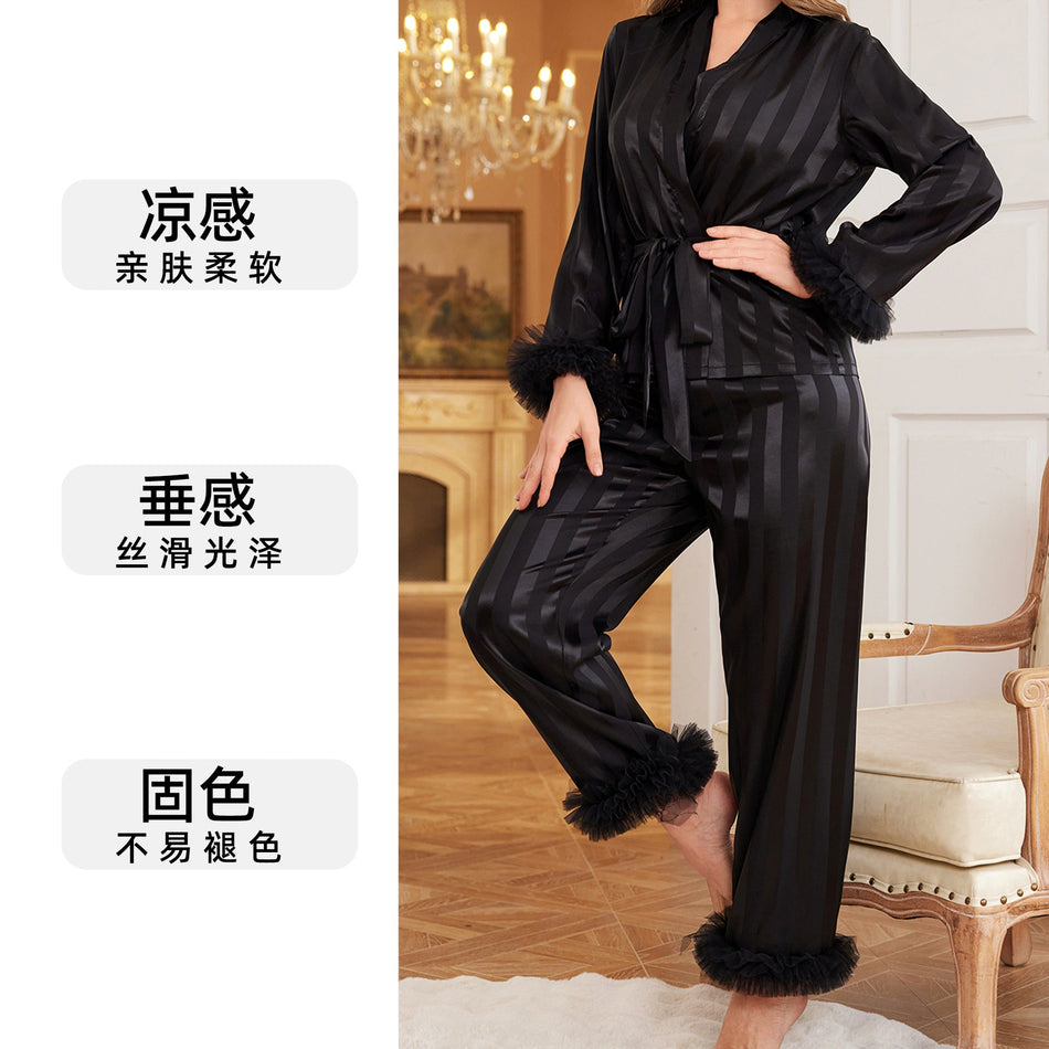 Ice Silk Long Sleeve Pajama Set Women Spring Summer Loungewear